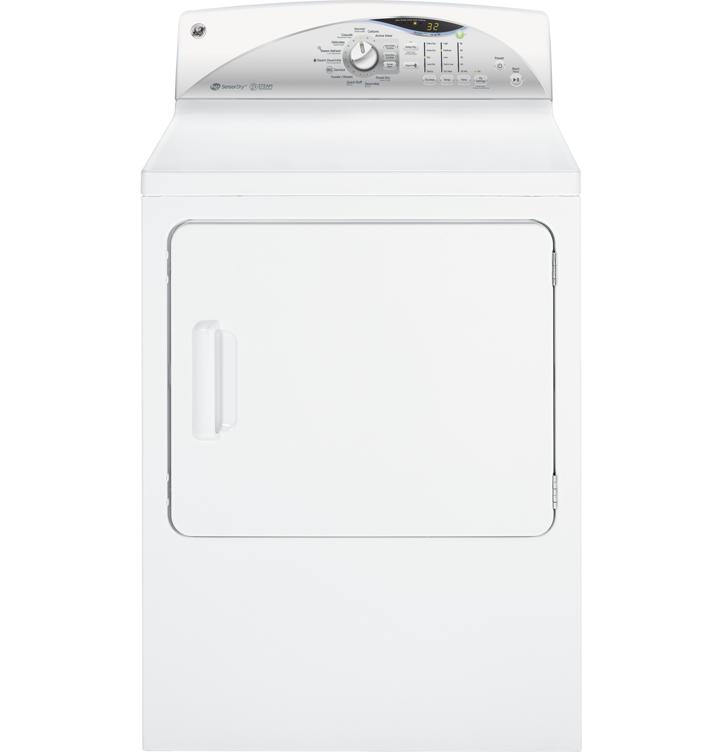 GE® 7.0 cu. ft. capacity electric dryer with steam and HE Sensor Dry