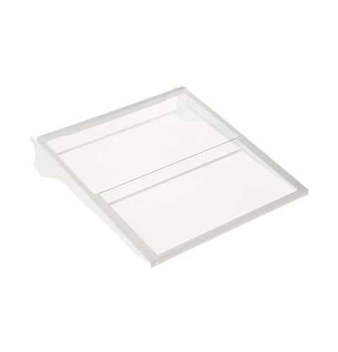 Refrigerator fresh food adjustable glass shelf that has a moveable front half