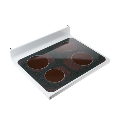 Range glass cooktop assembly - black glass, white metal trim