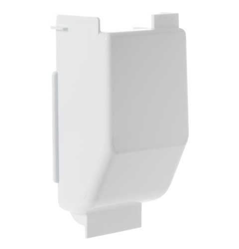 Refrigerator fresh food left door, inside the ice box, white cover that hides both electrical connectors for the icemaker and auger motor