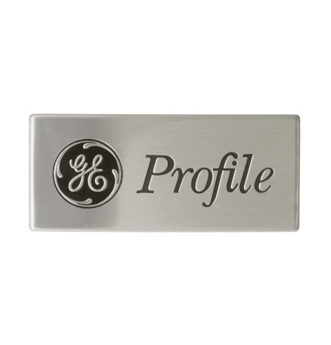 Refrigerator GE Profile badge located at the top outside of the right fresh food door