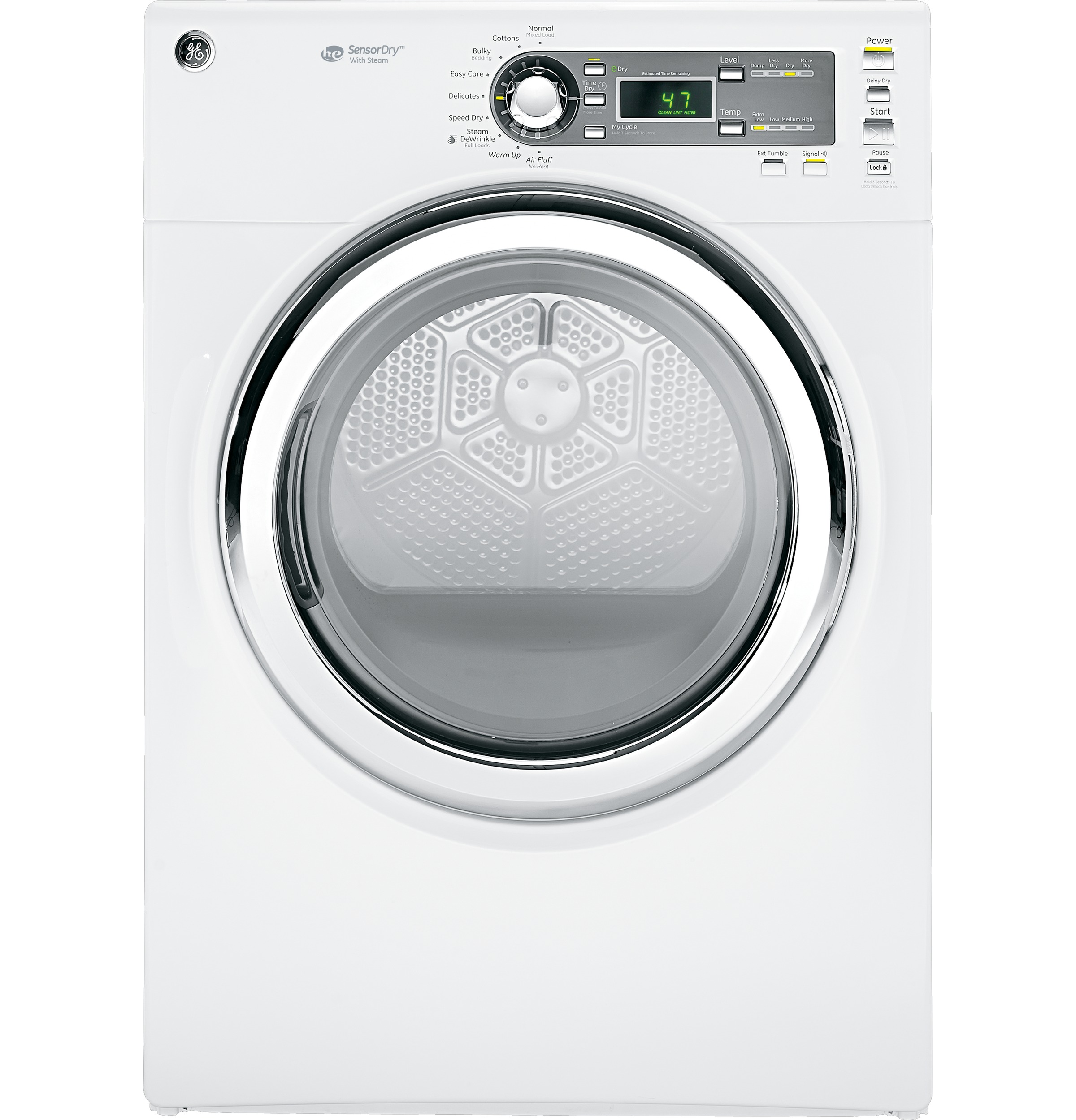 GE® 7.5 cu. ft. capacity frontload dryer with Steam and stainless steel  drum